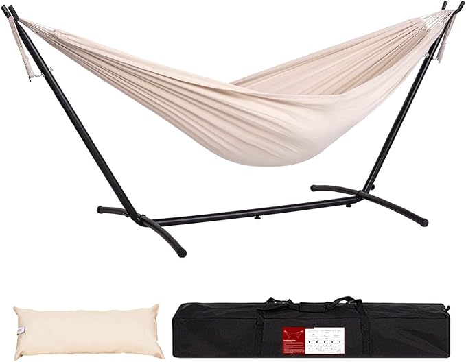 Double Hammock with 9FT Space Saving Steel Stand Includes Portable Carrying Case, 450 Pounds Capacity,Natural (HS-COMBY09W-VC)