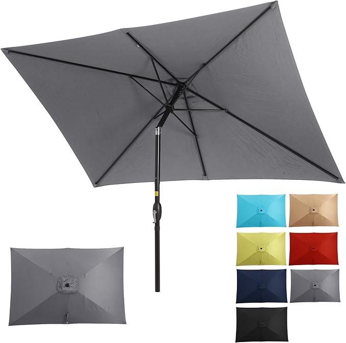 FansaFurn 6.5 x 10 Ft Rectangular Patio Umbrella Aluminum Pole, Outdoor Table Market Umbrella with Crank, 6 Steel Ribs, Polyester Canopy.EU03