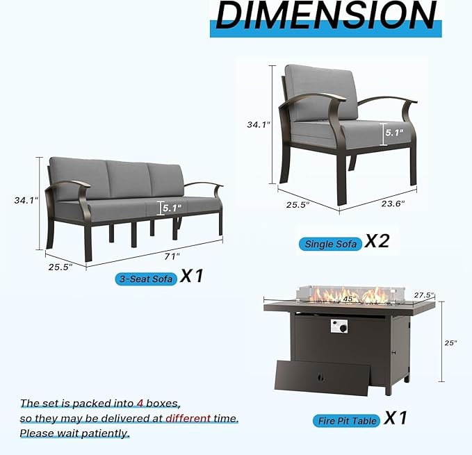 Gotland Aluminum Patio Furniture Set, 4 PCS Metal Outdoor Furniture with 45’’ Fire Pit Table Waterproof 5.1'' Seat Cushions 34.1’’ High Back, Oversized Outdoor Sectional Patio Conversation Sets, Grey