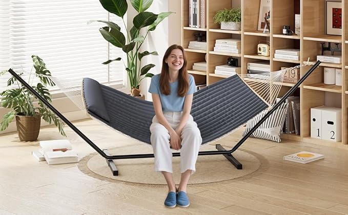 2 Person Hammock with Heavy Duty 500Lb Capacity Stand - Portable Cotton Rope Hammock & Quilted Comfort Pad - Relax Together Indoor or Outdoor (Gray)