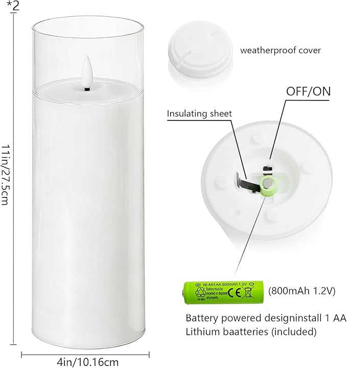 kakoya Large Solar Flameless Candles Outdoor Waterproof 11" x 4",2Pcs LED Pillar Candles Included Rechargeable Solar Battery with Embedded Star String for Outdoor Porch,Patio Decor(White)