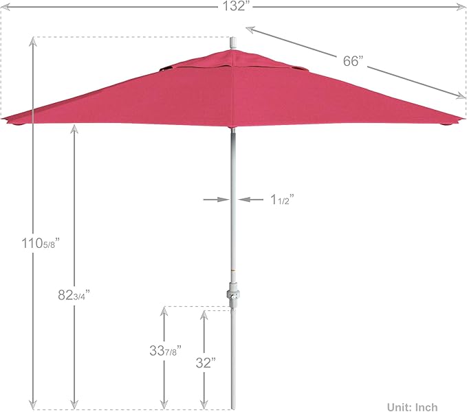 California Umbrella 11Ft Premium Sunbrella Patio Umbrella, Hand-Crank, Tilt-Collar, White Frame, Hot Pink Fabric