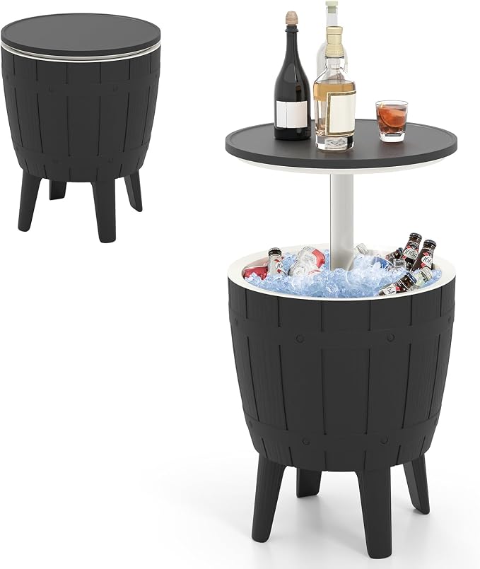 LDAILY Outdoor Cooler Table, 3-in-1 10 Gallon Ice Bucket with Height-Adjustable Tabletop, Cocktail Side Table with 110LB Capacity & Drain Plug for Poolside, Backyard, Patio Parties (Black)