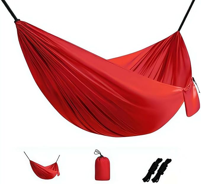 Camping Hammock Lightweight Portable Double Swing with 2 Tree Straps, Heavy Duty Parachute Nylon Bed for Backpacking Hiking Beach, Outdoor Essentials for Backyard Patio Camping Gear (Red)