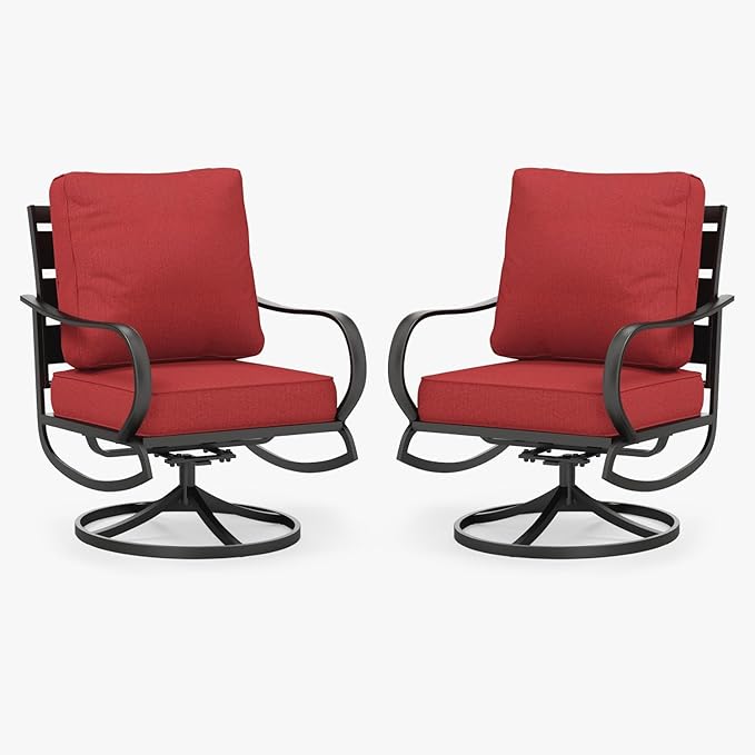 MFSTUDIO Metal Patio Conversation Sets, Outdoor Furniture Sofas Set of 2, 2 Pieces Durable Steel Frame Patio Swivel Chairs with 5.8" Burgundy Red Cushions for Patio Garden Backyard Balcony