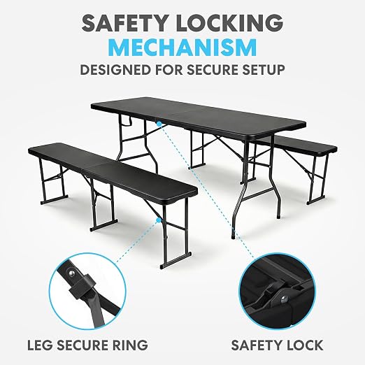 Simpli-Magic 6 Foot Folding Picnic Table Set with 2 Benches Portable Indoor Outdoor Camping Table for Working Meeting Party Picnic Weddings with Handle and Safety Locks Black