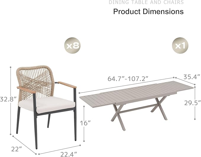 SUNSITT 9 Piece Outdoor Patio Dining Set, 65" - 107" Metal Expandable Outdoor Dining Table with X-Shape Legs, 8 Woven Wicker Patio Chairs w/WPC Armrests for Garden, Flaxen