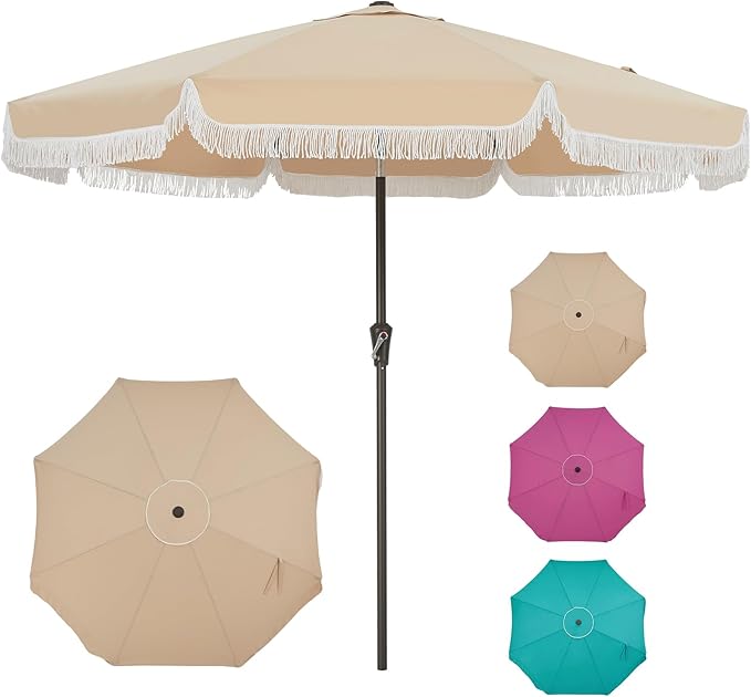 Garvee 10FT Fringe Patio Umbrella with Crank Handle, Push Button Tilt for Sun Shade, 8 Fiberglass Ribs, 1.5"D Premium Steel Pole, Outdoor Large Tassel Umbrella for Patio Beach Pool Backyard, 10' Beige