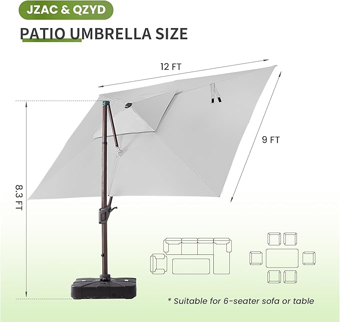 JZAC & QZYD 9x12 FT Outdoor Cantilever Patio Umbrella with Base Included and LED Lights, Large Heavy Duty 2-Tier Aluminum Offset Umbrellas with 360-Degree Rotation for Pool Deck, FogGrey