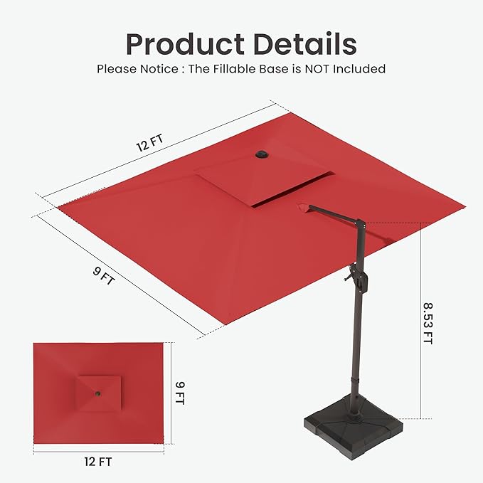 9x12 FT Cantilever Patio Umbrella with Base and Led Lights Double Top Outdoor Rectangular Large Heavy Duty Aluminum Offset Umbrellas with 7 Level Tilt 360-degree Rotation for Pool Garden Deck, Wine Red