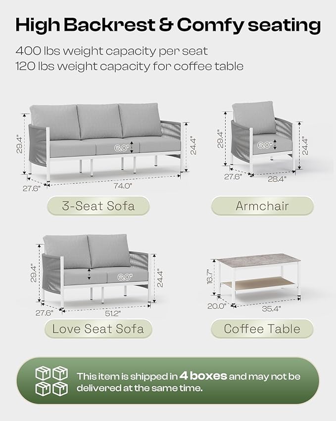 Aluminum Patio Furniture Set, 7 Seats Modern Outdoor Sectional Furniture with PE Rope & Dual-Layer Coffee Table, Luxury Patio Conversation Sets with 6" Cushions for Backyard/Garden, White