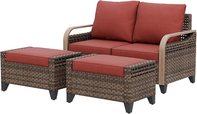 EAGLE PEAK Modern Wicker Outdoor Patio Furniture Set, Patio Conversation Set, a 2-Seat Loveseat and 2 Ottomans, 3 Pieces, Brown/Red