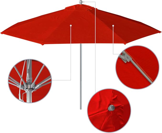 California Umbrella 11Ft Commercial Grade Sunbrella Fabric Market Umbrella, Pulley Lift, Aluminum/Fiberglass, 2mm pole wall, Silver Frame, Jockey Red Fabric