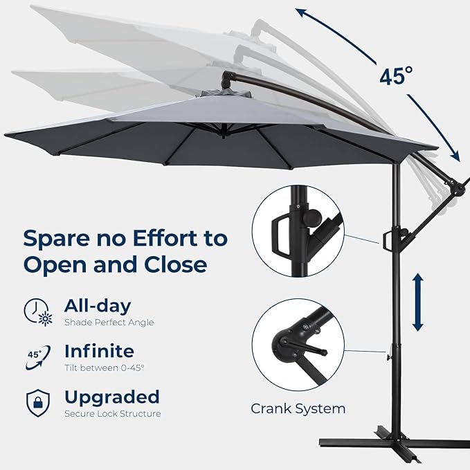 HOMSHADE 10ft Offset Patio Umbrella with Base Included, Cantilever Hanging Outdoor Market Umbrella UPF50+ UV Protection with Easy Tilt and Crank for Pool Deck and Garden (Grey)