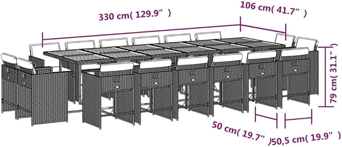 17 Piece Patio Dining Set with Cushions Gray Poly Rattan Outdoor Table and 16 Chairs for Garden Backyard Dining Folding Space Saving Acacia Wood Top UV Protected