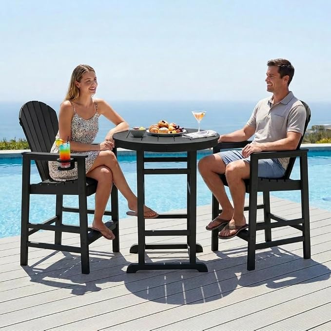 3-Piece HDPE Bar Height Table and Chairs Set, 31.1" Square High Top Pub Table with Umbrella Hole, 2 Adirondack Charis with Cup Holders, Outdoor Patio Dining Set for Bistro Backyard Deck Black