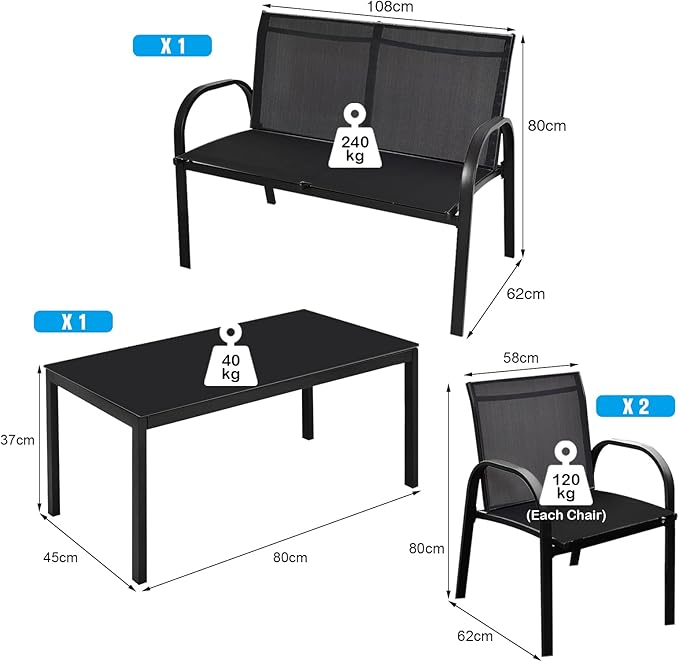 DORTALA 4 Piece Outdoor Furniture Set, Patio Conversation Set with Loveseat, 2 Single Chairs, Patio Sofa Garden Sofa Set with Steel Frame, Ideal for Balcony,Poolside, Black