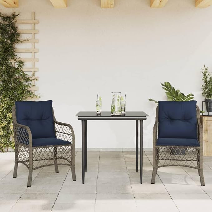 Backyard Furniture Patio Conversation Sets Outdoor Seating 3 Piece Bistro Set with Cushions Gray Poly Rattan Suitable for Gardens, Balconies, Decks