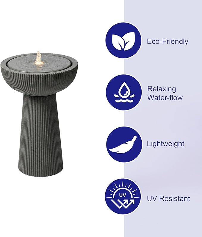 23.23" H Outdoor Water Fountain Made with Eco-Friendly Recyclable Materials, Polyethylene Bird Bath Bubbler Water Fountain Outdoor, Garden Decor with LED Light & Pump for Patio (Andesite)
