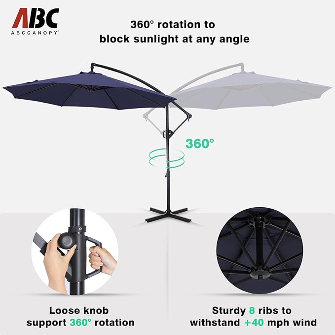 ABCCANOPY 10FT Cantilever Patio Umbrella with base included, 360° Rotation Outdoor Offset Umbrella for Backyard, Deck, Poolside (Tibetan Blue)