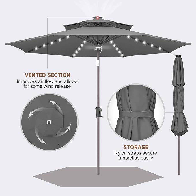 Jarka&Co 9ft Solar Patio Umbrella - 2 Tiers Solar Outdoor Umbrella with 40 LED Lights Waterprool UV Protection, Market Table Umbrella with Tilt for Backyard, Garden, Pool, Porch (Anthracite)