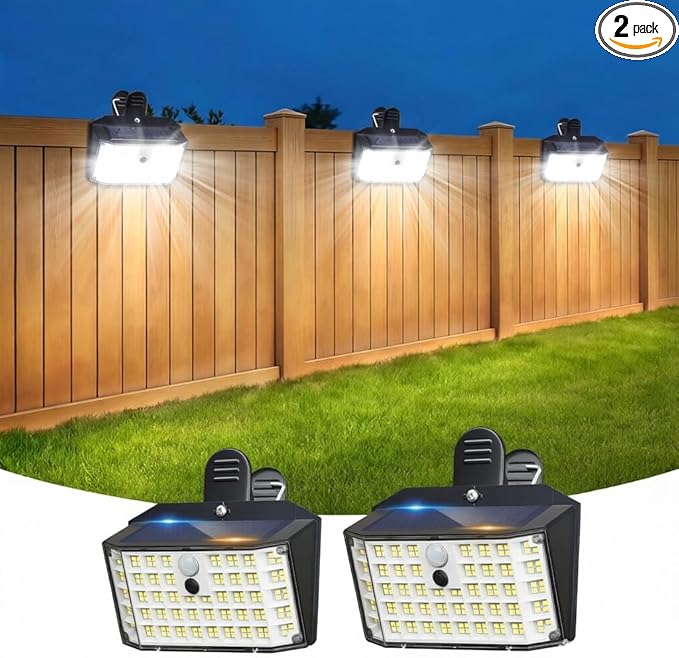 Clip on Solar Lights Outdoor with Motion Sensor, 800LM 176LED Solar Fence Lights Outdoor Waterproof, 3 Modes & Portable Security Lights for Chain Link Patio Deck Yard Garage (2Pack)