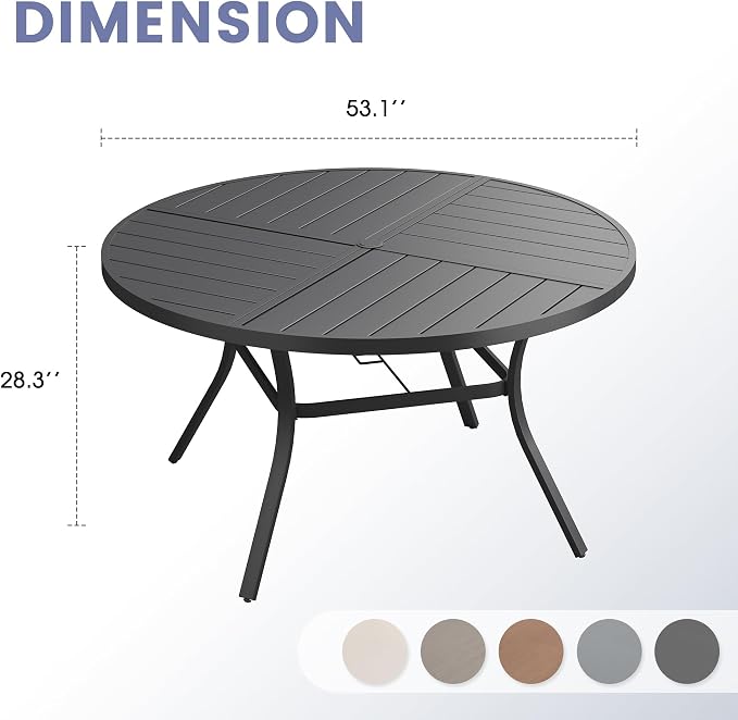VICLLAX 53" Round Outdoor Table, Patio Dining Table for 8 with Umbrella Hole for Garden Lawn Deck Backyard, Black