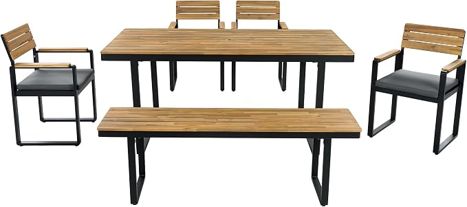 RUNNA Elegant 6-Piece Outdoor Patio Dining Table Set with Cushioned Chairs, Bench and Adjustable Feet for Family Gatherings and Garden, Backyard Dining (Gray-M/S)