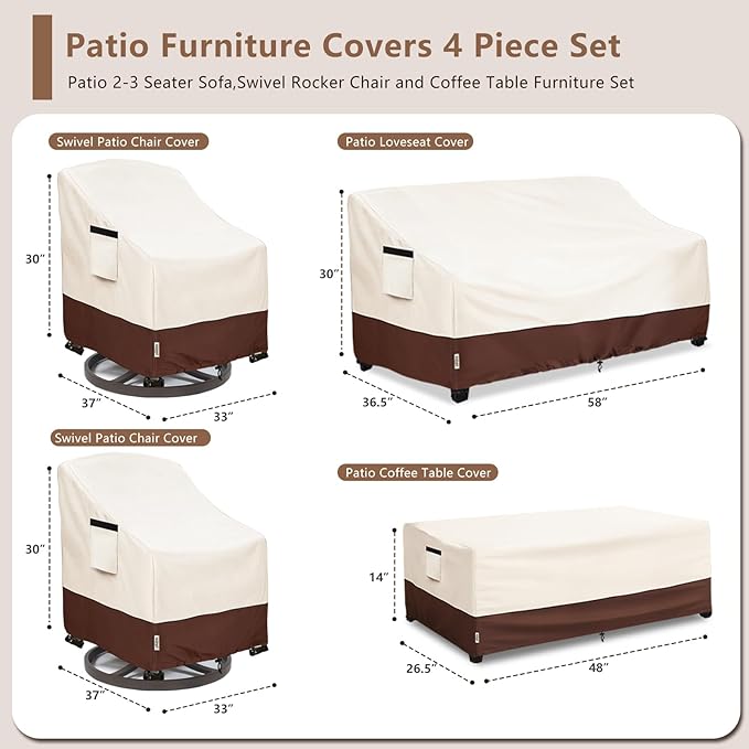 Patio Furniture Covers Set 4 Piece,600d Heavy Duty Outdoor Furniture Covers Waterproof for Outdoor Couch,Lawn Chair, Coffee Table(Medium,Beige)