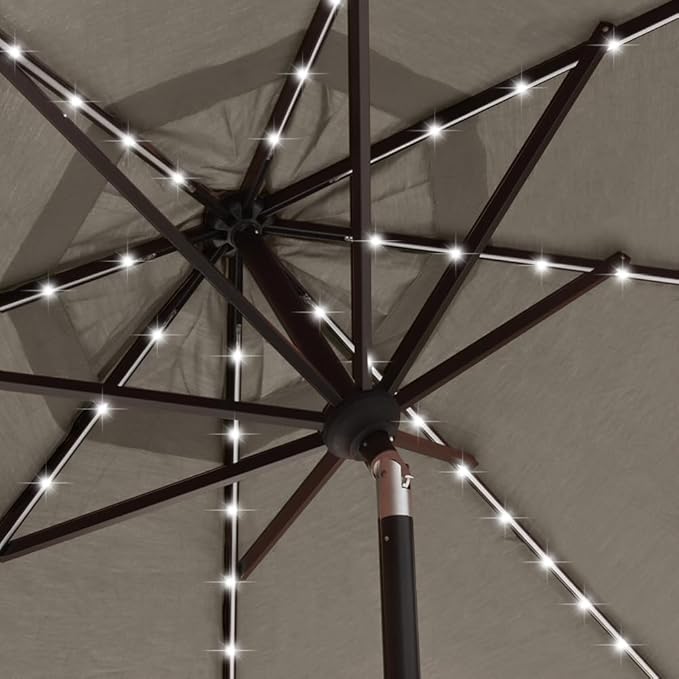 EliteShade USA 10-Year-Non-Fading 9ft 3-Tier Market Patio Umbrella, Commercial Table Umbrella with 80 Solar LED Lights, Crank Open, Windproof & UPF 50+ UV Protection for Garden, Deck, Pool, Backyard, Taupe