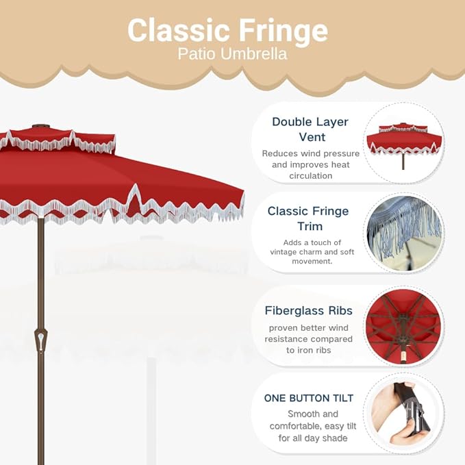 Patiokingdom 9FT Patio Umbrella with Fringe,Tassel Umbrella UPF 50+ & Push-Button Tilt,Rust-Resistant Fiberglass Frame for Pool,Garden,Backyard,Yard (Red)