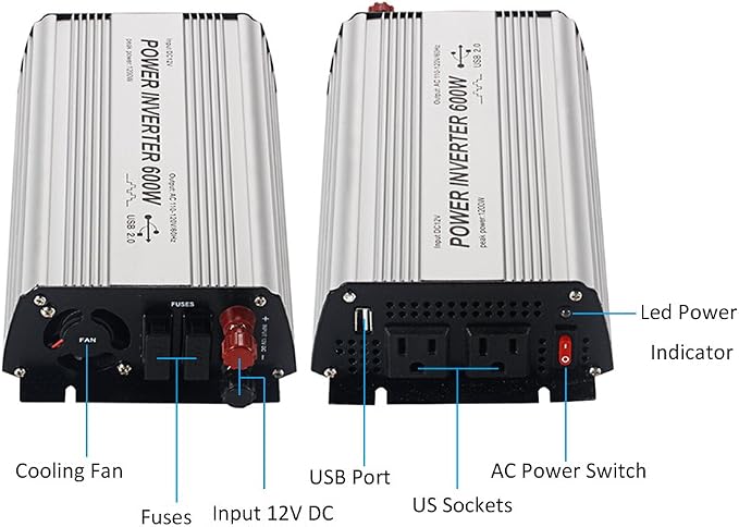 600W Power Inverter DC 12V，Output 110V-120V AC Car Inverter with USB Car Adapter