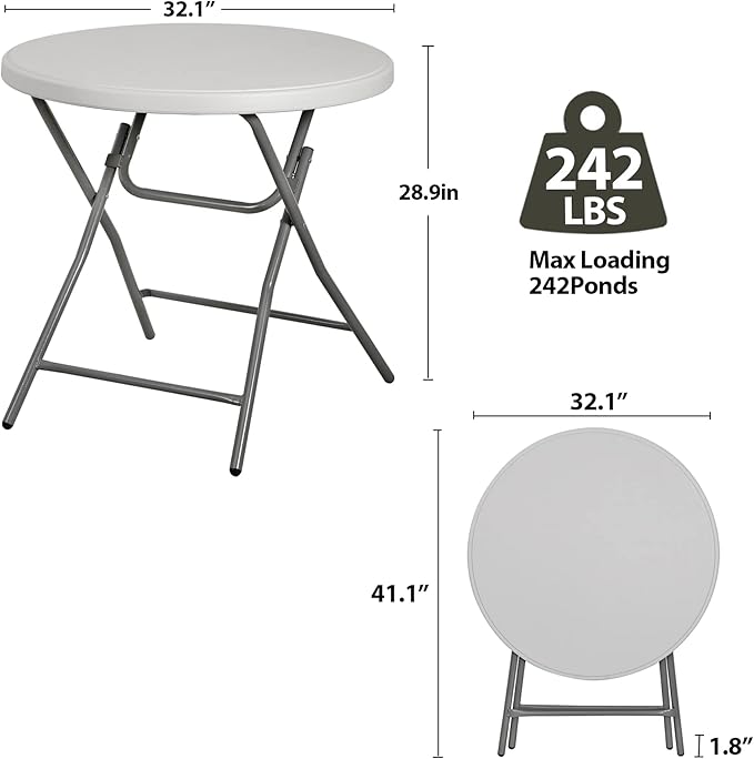 32 Inch Round Folding Table, Heavy Duty Folding 2.6FT Plastic Table for Outdoor Indoor, Metal Frame Thick Table Top Camping Picnic Table, White