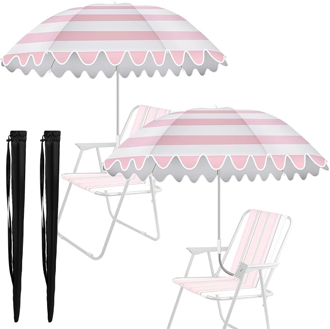 Abbylike 2 Pcs Scalloped Chair Umbrella with Universal Adjustable Clamp 38'' Portable Wheelchair Umbrella UPF 50+ Camping Chair Parasol with Bag for Outdoor Patio Lawn