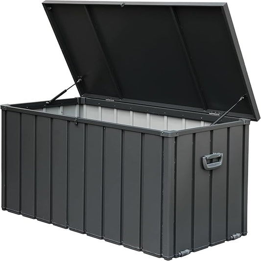 200 Gallon Outdoor Storage Deck Box with Hydraulic Lift Rods, Large Metal Patio Storage Bin with Lockable Lid & Side Handles for Outside Furniture Cushions, Pool Toys, Tools, Gray