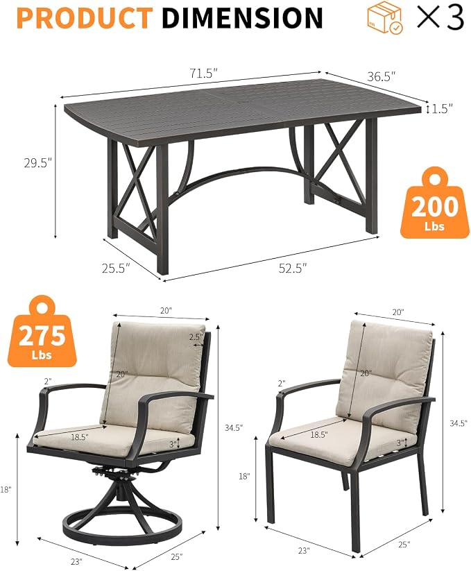 7 Pieces Outdoor Dining Set for 6, Never Rusts Aluminum Patio Dining Set with 2 Swivel Rocker Chairs, Patio Table and Chairs Set, Outdoor Furniture Set for Deck, Garden, Lawn, Gunmetal