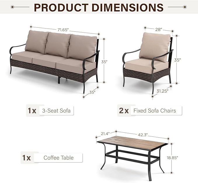 GREEN PARTY Extra Large Outdoor Patio Furniture Set 4 Pieces for 5, Modern Metal Patio Conversation Sets with High Back 3-Seat Sofa, 2 Fixed Chairs, 1 Coffee Table, for Garden, Backyard