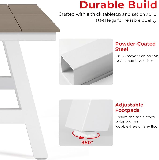 Costaelm Rectangle Patio Table, 8-Person Backyard Table 90" HDPE Dining Table with Umbrella Hole and Metal Frame for Outside, Garden, Poolside, Deck, Porch, Balcony, Weathered Wood