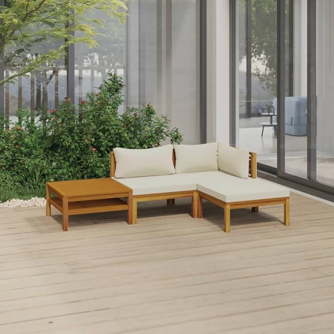 Patio Lounge Set with Cream Cushion,Patio Furniture Sets,Patio Conversation Sets,Outdoor Furniture Sets,for Garden,Backyard,Outdoor,4 Piece Solid Acacia Wood