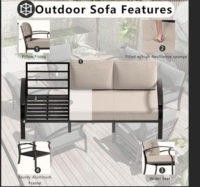 Patio Furniture Set 5-Piece Aluminum Armrest Sofa, Modern Outdoor Living Room Set with 55000 BTU Propane Aluminum Fireplace, Outdoor Rotary Joystick with Thick Cushion