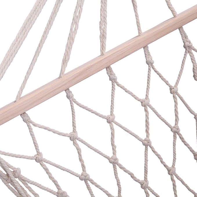 Vintage Hammock, Wood Pole Cotton Rope Hammock Bed with Rope,2-Person Woven Cotton Rope Double Hammock for Backyard,White