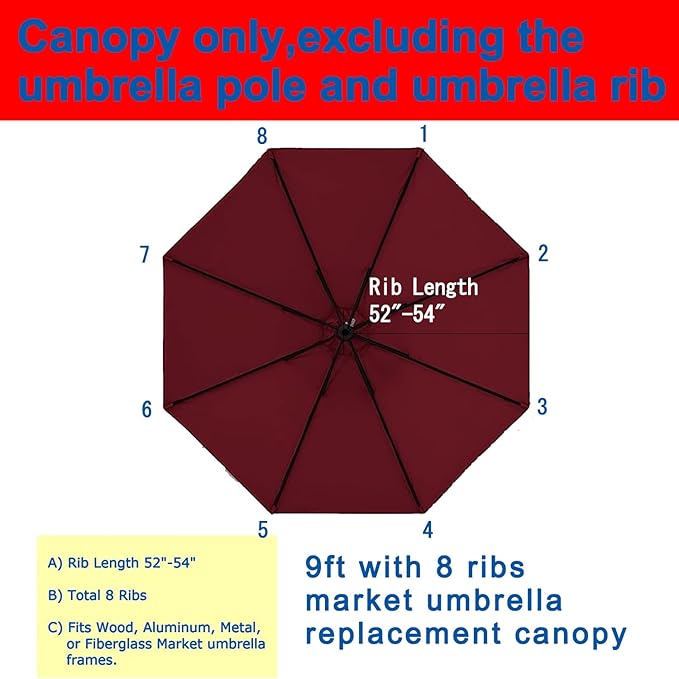 Patio Umbrella 9 ft Replacement Canopy for 8 Rib，Patio Umbrella Replacement Canopy Market Umbrella Top Fit Outdoor Umbrella Canopy（Only the top cover）