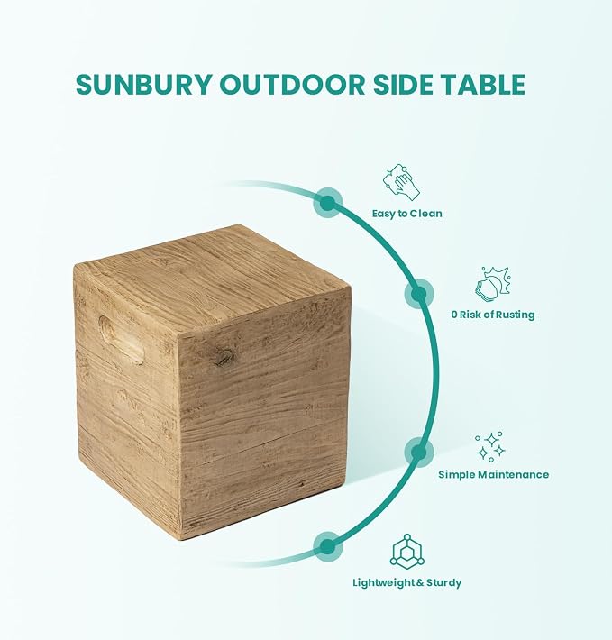 SUNBURY Outdoor Side Table, Faux Wooden Concrete Side Table, Square Lightweight End Table, Patio Accent Stump Stool Decorative for Planter Stand, Deck or Garden, Light Oak