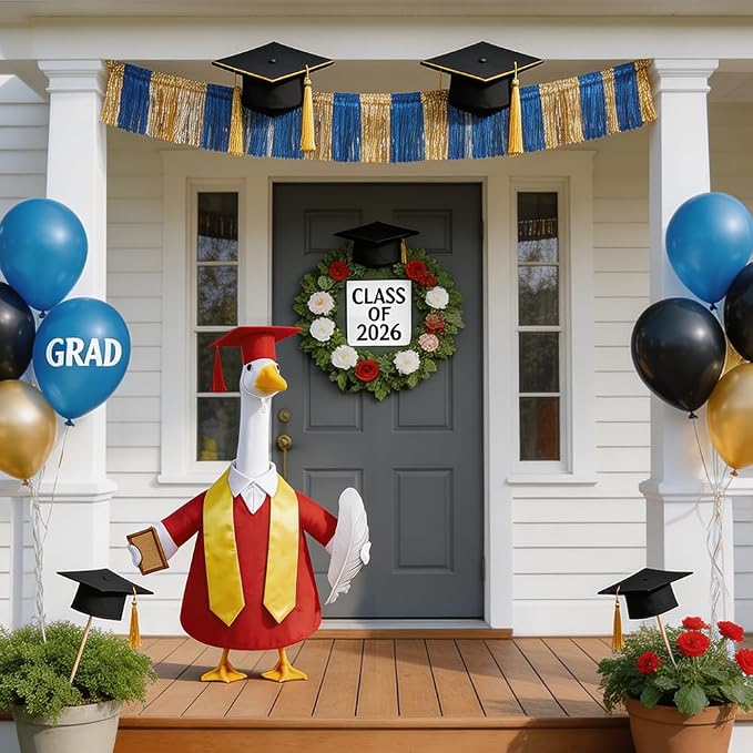 Graduation Porch Goose Outfit with Cap and Gown Stoles for 23" Porch Goose Holiday Outdoor Garden Patio Yard Lawn Art Decoration (Red)