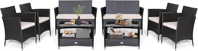 Tangkula 8 Pieces Patio Furniture Set, Patiojoy Outdoor PE Wicker Conversation Set with Soft Cushions and Tempered Glass Tabletop, Outdoor Garden Furniture Set with 2-Tier Coffee Table (2, Brown)