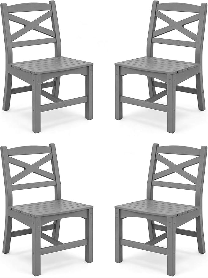 Outdoor Armless Dining Chairs Set of 4,HDPE Patio Chairs with Wide Seat,All-Weather HDPE Patio Armless Chairs for Porch, Backyard, Deck, White and Grey,Table not Included