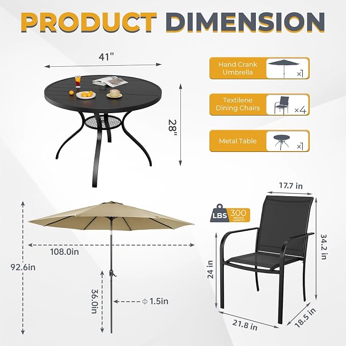 Incbruce 6 PCS Patio Dining Set with Brown Umbrella, Outdoor Dining Set of 4 Textilene Chairs and 41" Round Table with Umbrella Hole for Backyard, Garden, and Poolside (Black)