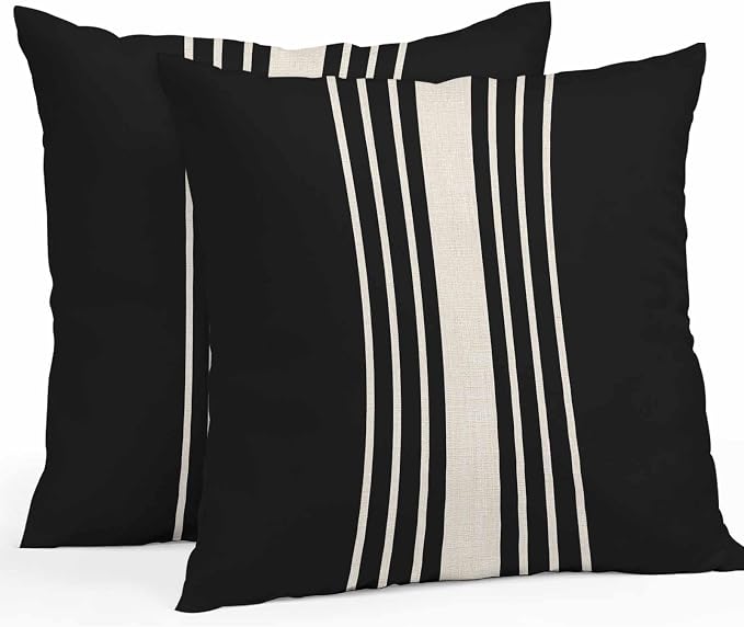 Vandarllin Outdoor Throw Pillows Covers 16x16 inch Set of 2 Waterproof Black Stripes Decorative Zippered Cushion Covers for Patio Furniture, Classic Striped Linen Lumbar Pillowcases