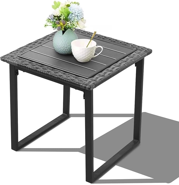 Wicker Outdoor Side Table for Patio, All Weather Small Square Rattan Outdoor End Table, Wicker Table for Outside Porch Balcony Lawn Garden Bistro, Black