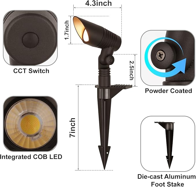 Mini LED Spot Lights Outdoor, 5W 12V Outdoor Bronze Low Voltage Landscape Spot Lights Wired for Tree House Yard Garden, 60° Beam Angle, 2200K/2700K/3000K/4000K /5000K, Aluminium, 1PK